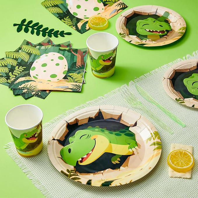 144Pcs Dinosaur Egg Birthday Party Supplies Decorations Dino Themed Paper Plates Napkins Vintage Dinosaur Party Tableware Disposable Dinnerware for Boy Kid Birthday Baby Shower Table Decor, Serve 24