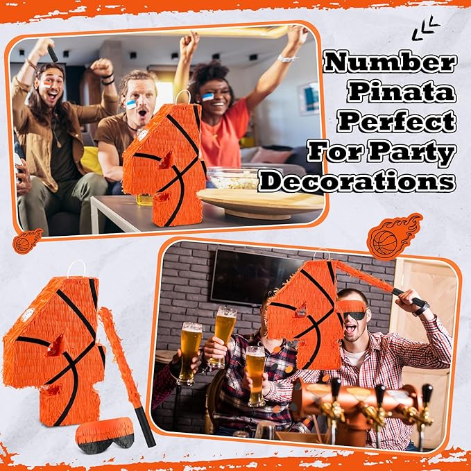 Soulchen Basketball Number 2 3 4 8 Pinata Basketball Party Decorations 16 Inch Piñata with Blindfold Stick and Confetti for Birthday Sports Theme Party Supplies Centerpiece(Number 4)