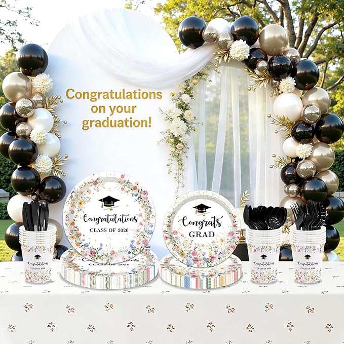 168 Pcs Class of 2026 Plates Cups Napkins Tablecloth Set Wildflower Graduation Party Supplies Floral Class of 2026 Graduation Decorations Serve 24 Guests