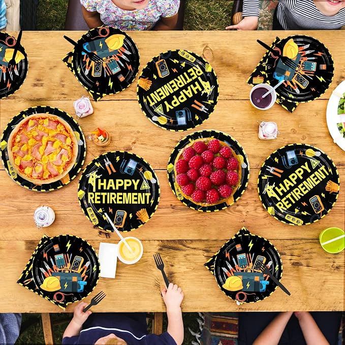 96Pcs Electrician Retirement Party Decorations Power Electrician Retired Lineman Plates and Napkins Tableware Set Wire Gloves Bulb Switch Theme Decor for Boys Man Farewell Party Supplies Serves 24