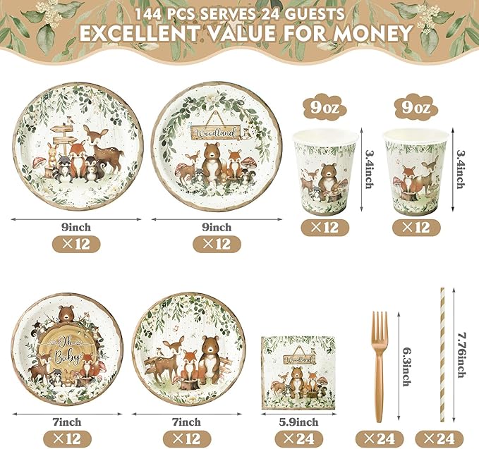 Woodland Baby Shower Party Supplies - 144 Pcs Serve 24 Guests, Safari Jungle Animal Party Decorations Include Plates and Napkins, Cups, Straws, Forks