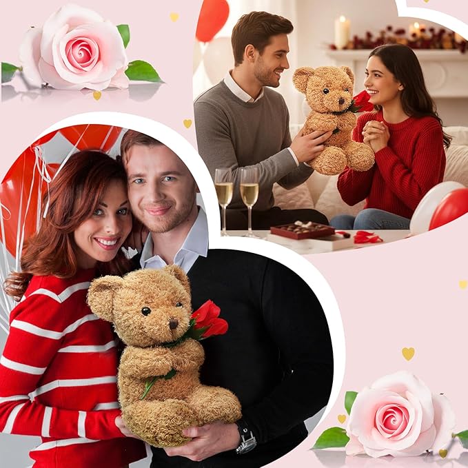 Civaner Bear Stuffed Animal Gift with Rose Funny Cute Bear Stuffed Animal Plush Gift for Mother Day Mom Birthday Wedding Christmas, 11.8 Inches(Beige)