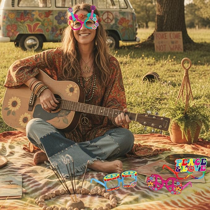 Pajean 36 Pcs 60s Party Decorations 60's Photo Booth Prop 60 Hippie Themed Eyeglasses Paper Glasses Frame Tie Dye Groovy Peace Love Themed Favor for 60's Hippie Birthday Party Favor Supplies
