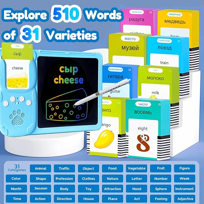 Writing Tablet with Bilingual Flashcards for Kids - Russian English Talking Flash Cards, LCD Writing Pad Board, Pocket Speech for Toddlers, Learning Toy Gift for Boys Girls (Russian, Blue)