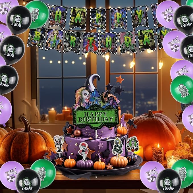 Horror Birthday Party Decorations, Halloween Birthday Party Supplies Decorations Set Include Banner, Balloons, Cake Toppers and Cupcake Toppers for Home Classroom Decor