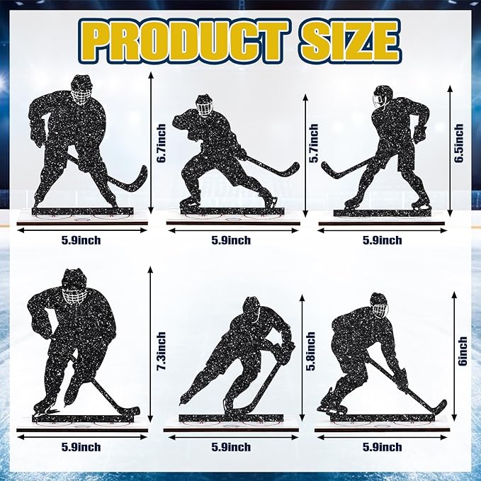 6 Pcs Hockey Party Table Decoration Wooden Sports Table Sign Glitter Ice Hockey Players Silhouette Centerpieces Ice Puck Tiered Tray Decor for Fans Club Sport Birthday Tailgate Party Supplies