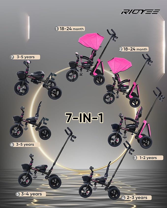 7-in-1 Folding Toddler Tricycle for 18 Months to 5 Years, Tricycle Stroller with Dual Brakes, All-Terrian Rubber Tire, Tricycle for Toddlers with Rotatable Seat, Adjustable Push Handle, Pink