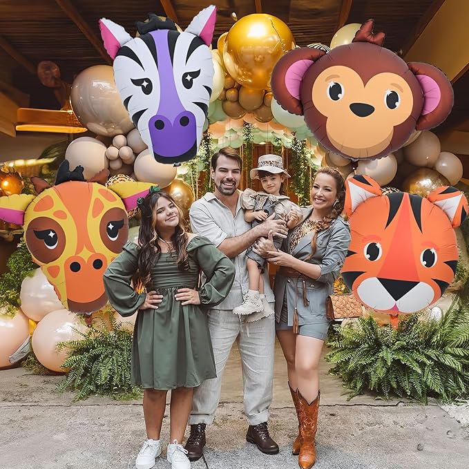 4pcs Large Jungle Safari Animal Balloons (23–34 In), Tiger Giraffe Zebra Monkey Head Foil Balloons for Kid Boys Jungle Safari Theme Birthday Party Wild One Zoo Woodland Baby Shower Party Decorations