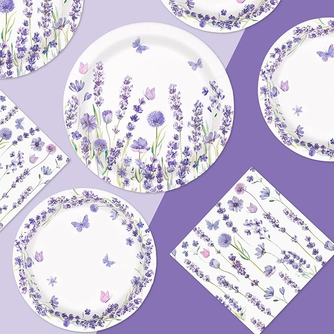 200Pcs Lavender Party Supplies Spring Purple Lavender Floral Plates and Napkins Disposable Butterfly Flower Tableware Set for Wedding Birthday Baby Shower Tea Party Decorations Serves 50