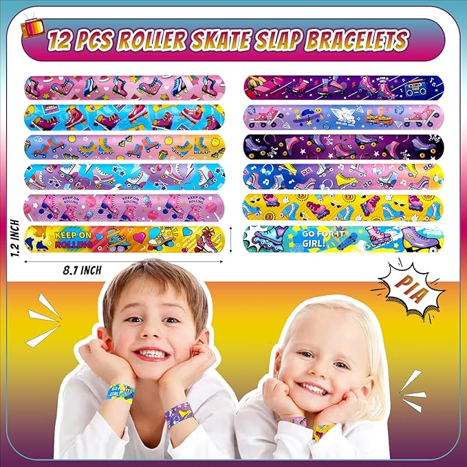 134 Pcs Roller Skate Party Favors Set with Straws Keychains Slap Bracelet Tattoo Roller Skate Stickers Wristbands Goodie Bags Roller Skating Party Supplies Skate Party Decorations