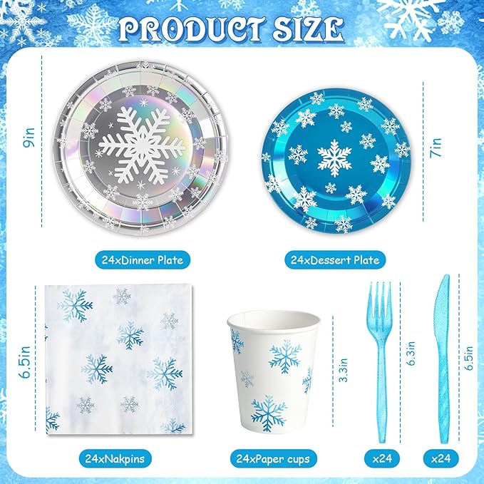 144Pcs Snowflake Frozen Birthday Party Supplies Decorations Laser Paper Plates Napkins Vintage Party Tableware Disposable Snow Dinnerware Set for Kids Birthday Baby Shower Table Decor, Serve 24