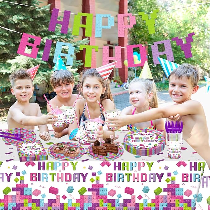 98PCS Building Blocks Birthday Party Supplies Building Blocks Party Decoration Boys Girls Colorful Building Blocks Theme Paper Plates and Napkins Tableware Set Tablecloth Banner Serve 16