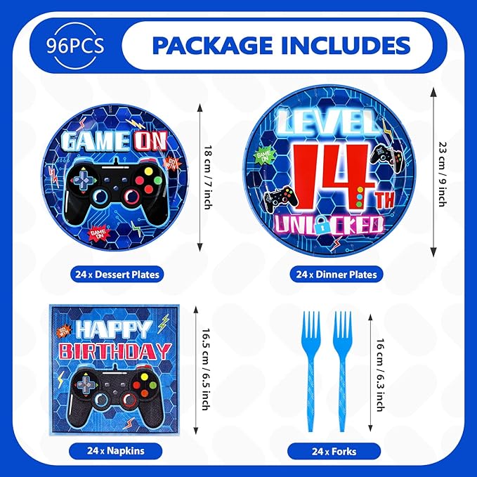 96 Pcs 14th Video Game Birthday Party Decorations Blue Video Game Level 14 Birthday Plates and Napkins Tableware Sets for Kids Boys 14 Years Old Gamer Gaming Party Supplies Favors Serves 24
