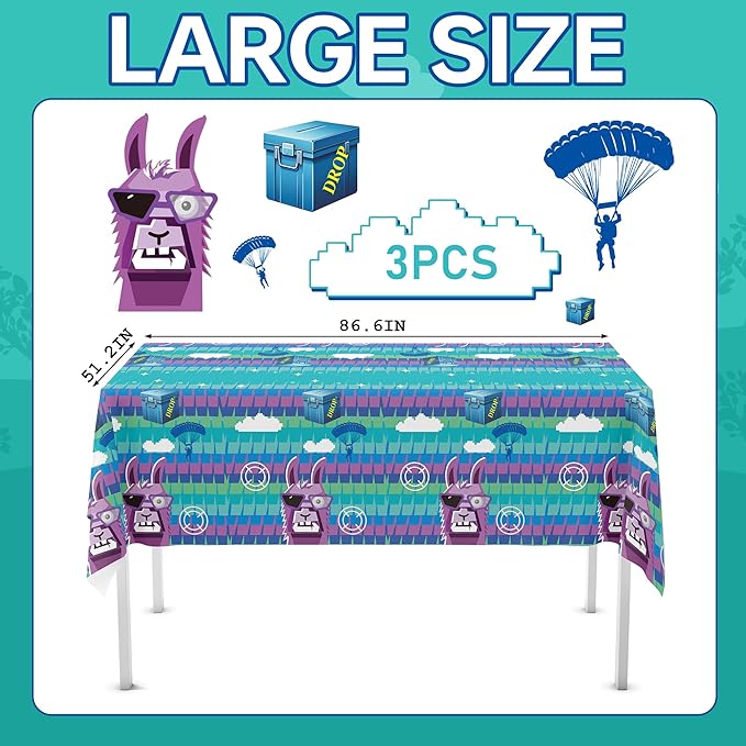 Llama Theme Party Tablecloth 3 PCS, Plastic Disposable Video Games Table Cover for Game Fans Birthday Party Decorations Supplies, 86.6 x 51.2in