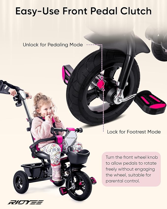 7-in-1 Tricycle for 18 Months to 5 Years, All-Terrain Rubber Tires, Dual Wheel Brakes, Rotatable Seat for Toddlers 1.5-3, Tricycle for 3-5 Years with DIY Stickers, Pink