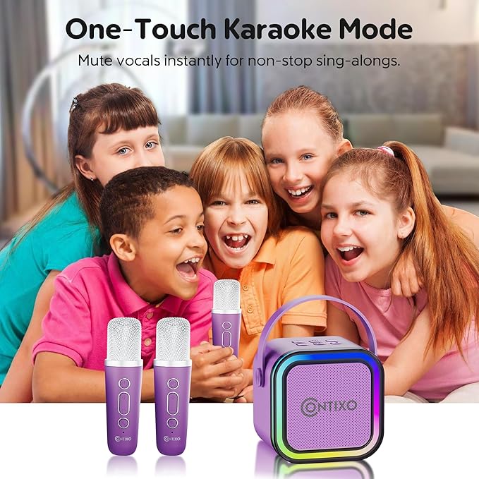 Contixo KS1 Mini Karaoke Machine for Kids, Portable Bluetooth Speaker with 2 Wireless Microphones & Dynamic Lights for Boys & Girls, Home Party Entertainment Toy (Purple)