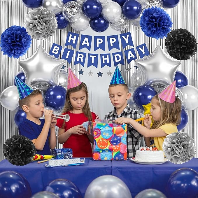 Blue and Silver Birthday Decorations for Men Boys, Navy Royal Blue Silver Party Balloons Happy Birthday Banner Pom Poms Fringe Curtain for Bday Party Supplies