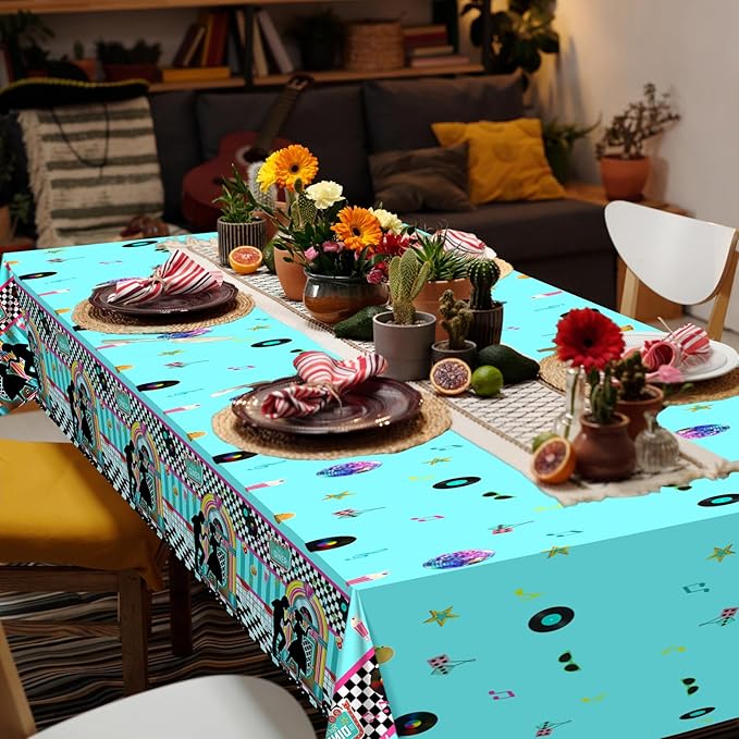 Avezano 3 pcs 50s Tablecloth 1950s Party Decorations Rock Roll Table Cover Large Plastic Tablecloth Birthday Rocking Party Supplies for Music Anniversary Party, 108x54 Inch