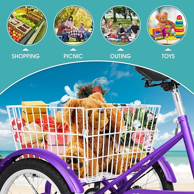 MOPHOTO 16 Inch Small Tricycle for Beginner Riders, Low Step-Through 3 Wheel Bike, Single Speed Trike with Hand Brakes, Adjustable Seat and Rear Basket, Fits Heights 3'9" to 4'9"