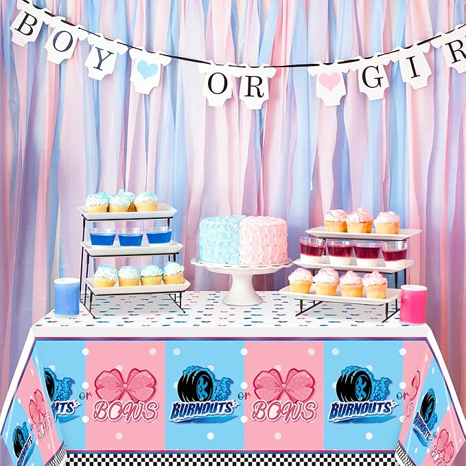 3Pcs Burnouts or Bows Gender Reveal Tablecloth Boy or Girl Plastic Table Cover He or She Party Decorations Supplies for Baby Shower Baby Gender Reveal Birthday Dessert Buffet Banquet Table Decor