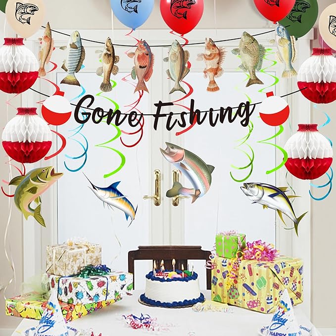 Gone Fishing Party Decorations Kit Include Hanging Banner Swirl Balloons (Gone Fishing)