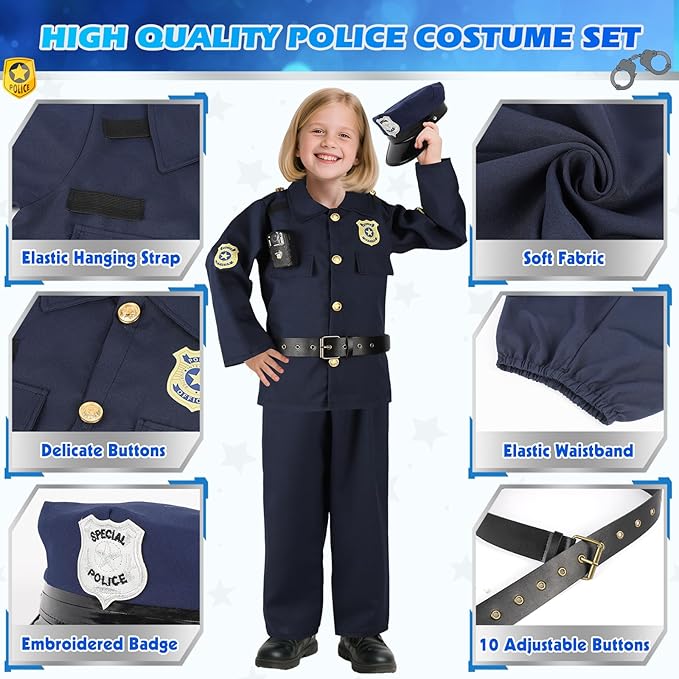 Police Costume for Kids, Cop Pretend Play Toys for Dress Up, Role Play Set with Handcuffs, Flashlight, Police Badge for Kids Boys and Girls 3-8, Halloween Costumes, Birthday Christmas Gifts