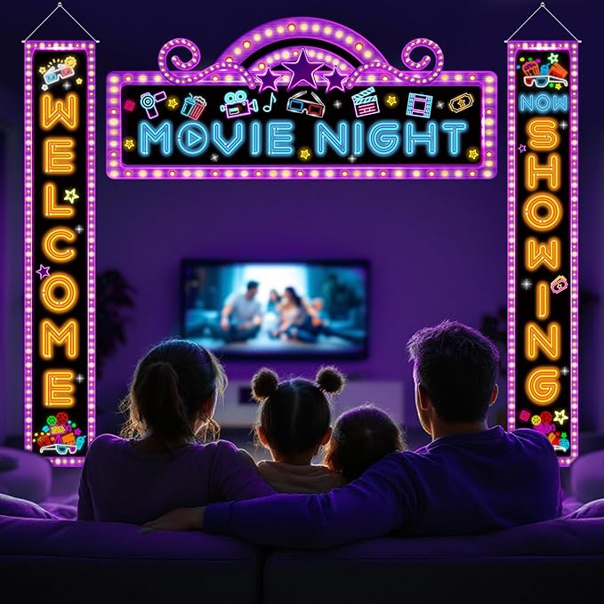3Pcs Movie Night Porch Banner Decorations Neon Movie Theme Party Hanging Banner Welcome Now Showing Sign Door Decor Camera Action Porch Sign for Theater Film Photography Background Party Supplies