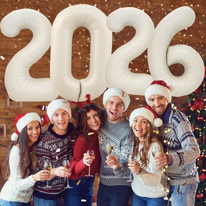 KALOR 42 Inch 2026 Cream White Foil Mylar Number Balloons, 2026 New Years Decorations for 2026 Happy New Year Eve and Graduations Party Supplies