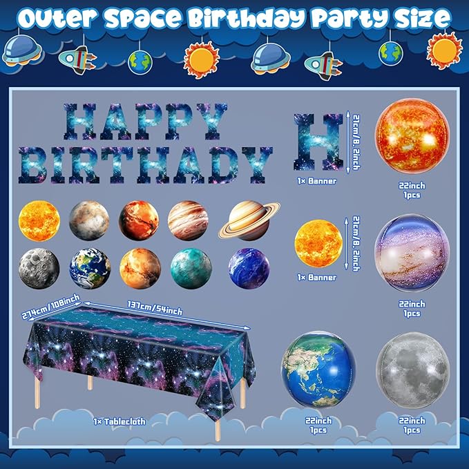 182pcs Outer Space Birthday Party Supplies Space Party Plates Napkins Disposable Cups Tableware Set Tablecloth Banner and Balloons Boys Space Solar System Birthday Party Decorations 24 Serve
