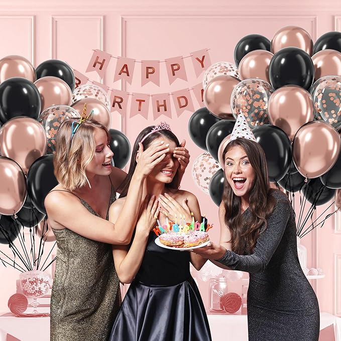 60pcs Rose Gold and Black Balloons 12inch with Rose Gold Confetti Balloons for Wedding Graduation Baby Shower Birthday Party Decoration