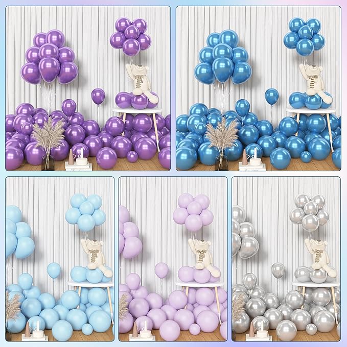 Amandir 153pcs Blue Purple Balloon Garland Arch Kit, Different Sizes 18 12 10 5 inch Blue Purple Pearlescent Metallic Confetti Snow Balloons for Princess Winter Wonderland Girl Baby Party Decorations
