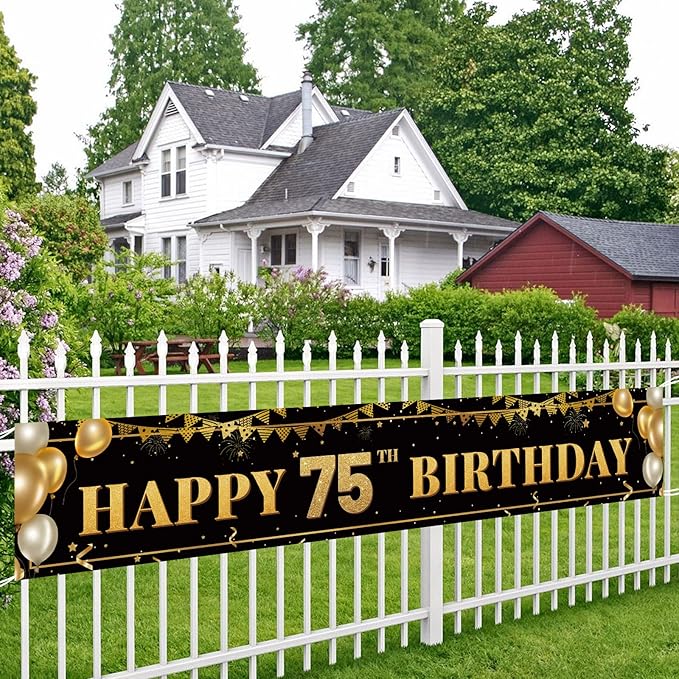Large Happy 75th Birthday Decoration Banner, Black and Gold Happy 75th Birthday Banner Sign, 75th Birthday Party Decorations Supplies(9.8x1.6ft)