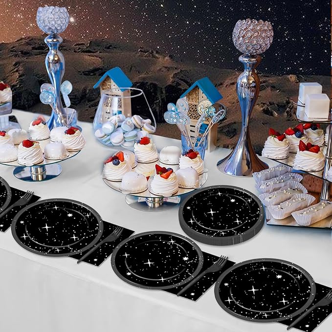 Qyeahkj 200Pcs Stars Birthday Party Decorations Galaxy Plates and Napkins Space Theme Paper Plate Supplies for Outer Spaces Disposable Tableware Dinnerware Set Baby Shower Night Sky Decor for 50 Guest