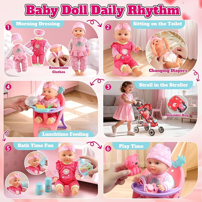 Baby Doll Stroller Set - A 12.5" Baby Doll with Doll Accessories & 2 Sets Clothes, Baby Doll Stroller for Toddlers 3-5, Doll Playset Toy Stroller for Kids, Gifts for Girls 3 4 5 Year Old Girls Toys