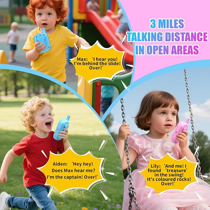 Walkie Talkies for Kids 2 Pack Rechargeable with 3 Miles Long Range, Toddler Walkies Talkies Pink Bule Toys Birthday for 3-8 Years Old Boys Girls for Outdoor Games Camping Hiking