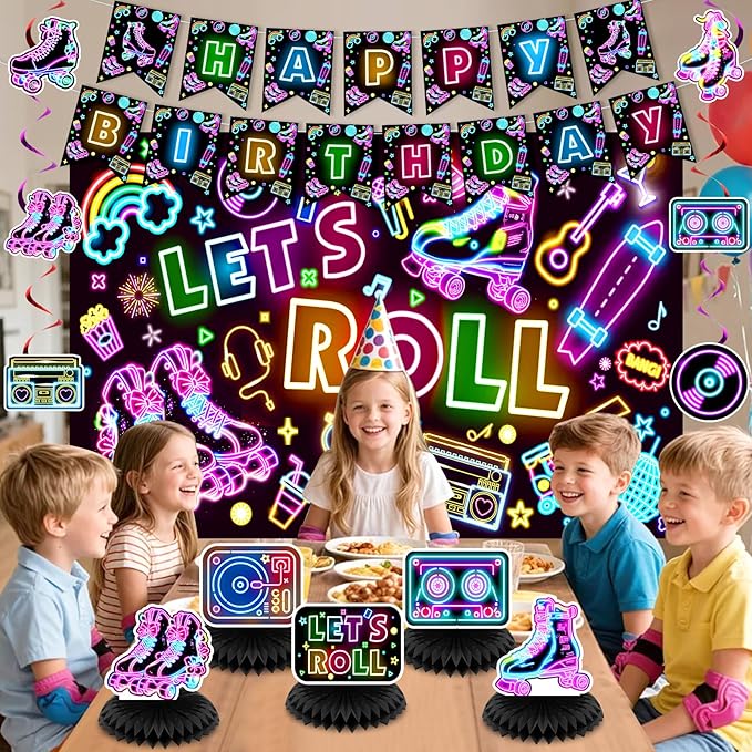 Roller Skating Party Decorations Glow Neon Happy Birthday Banner Let's Roll Backdrop Retro Roller Skating Honeycomb Centerpieces Hanging Swirl Decor for Kids Adults Hip Hop Rollerskate Party Supplies