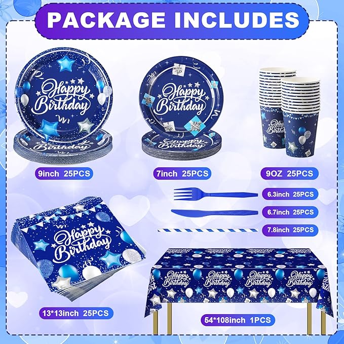 Norme 176 Pcs Navy Blue and Silver Birthday Tableware Set Birthday Decoration Includes Tablecloth Paper Plates Napkins Paper Cups Forks Knifes and Straws for 25 Guests Party Supplies (Classic)