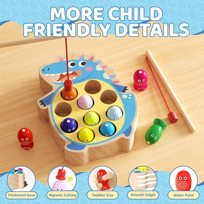Magnetic Wooden Fishing Toy for Toddlers 2-4, Crocodile Montessori Toys for 2 3 4 Year Old, Fine Motor Skills Early Educational Learning Toy for Kids Boys Girls (Dinosaur)