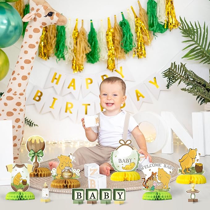 Cute Winnie Honeycomb Centerpieces - 12PCS Cute Winnie Baby Shower Party Honeycomb Centerpieces Welcome Baby Party Table Decorations Bear Theme Babies Shower Table Topper for Boys Girls