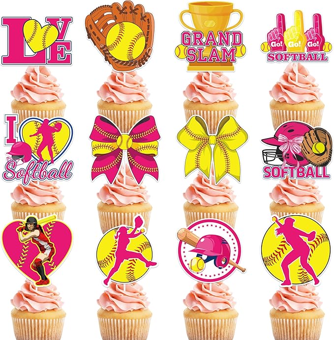 Softball Cupcake Toppers Decorations - 24 Pcs Sports Theme Birthday Cup Cake Topper Picks, Pink Yellow Baseball Sport Table Decor, Softball Holiday Party Supplies for Girls Kids Teens Women