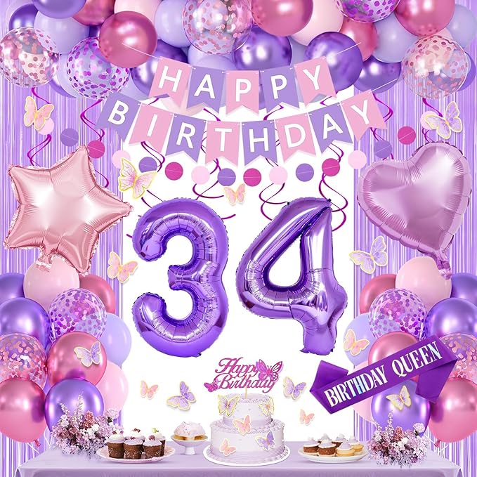 34th Purple Birthday Decorations for Women, Pink and Purple Happy 34 Birthday Party Decorations with Happy Birthday Banner, Number Foil Balloons, Butterfly Cake Topper for 34th Party Supplies