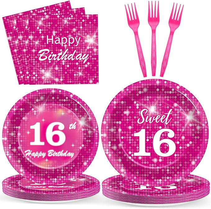 96Pcs Hot Pink Disco Birthday Party Supplies Sweet 16 Paper Plates and Napkins Hot Pink 16th Iridescent Tableware Decoration for Girls Happy 16 Years Old Princess Disco Themed Party Favors Serves 24