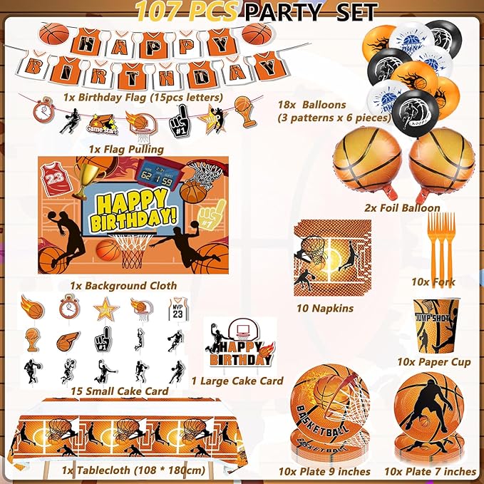 Basketball Party Supplies, Basketball Sports Theme Birthday Party Supplies Tableware Set,Include Basketball Plates and Napkins,Cups,Banner,Tablecloth for Basketball Birthday Decorations (Set C)
