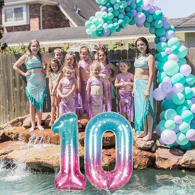 Mermaid Number 0 Balloons 40 Inch, Large Purple Teal Rainbow Number Balloons 0-9 Set, Starry 0 Mylar Foil Balloon Numbers for Girls Women Baby Shower Birthday Graduation Anniversary Party Decorations