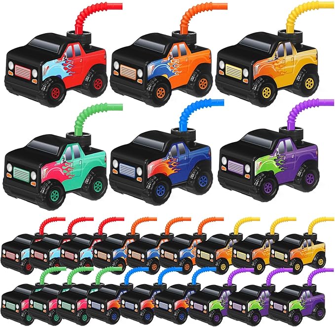 Tanlade 24 Set Monster Truck Road Cups with Straws, Plastic Vehicle off Road Drink Cup Reusable Truck Cups Bulk Race Car Birthday Party Favor Supplies for Racing Party Supplies (Splicing Color)