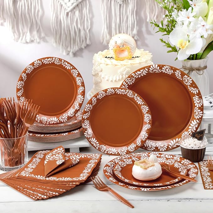 122 Pcs Brown Cielito Lindo Baby Shower Decoration Platos De Barro Mexicanos Fiesta Talavera Paper Plates Mexican Napkins Forks Tableware Set for Birthday Weeding Party Supplies, Serve 24