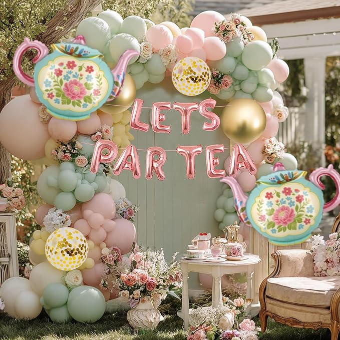 LET'S PAR TEA Banner Balloons, 35" Huge Teapot Aluminum Foil Balloons for Birthday, Baby Shower, Wedding, Bridal, Engagement, Bachelorette, Princess, Garden Party Decorations Supplies