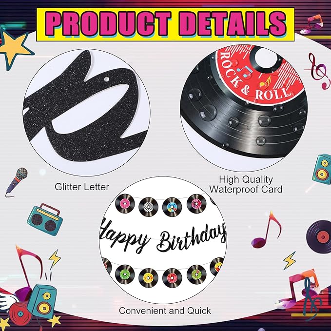 3 Pcs Rock and Roll Birthday Party Decorations - Vinyl Records Birthday Banners, Retro Glitter Vinyl Record Banner Garland for 50s 60s 70s Rock and Roll Music Theme Party Decorations Supplies