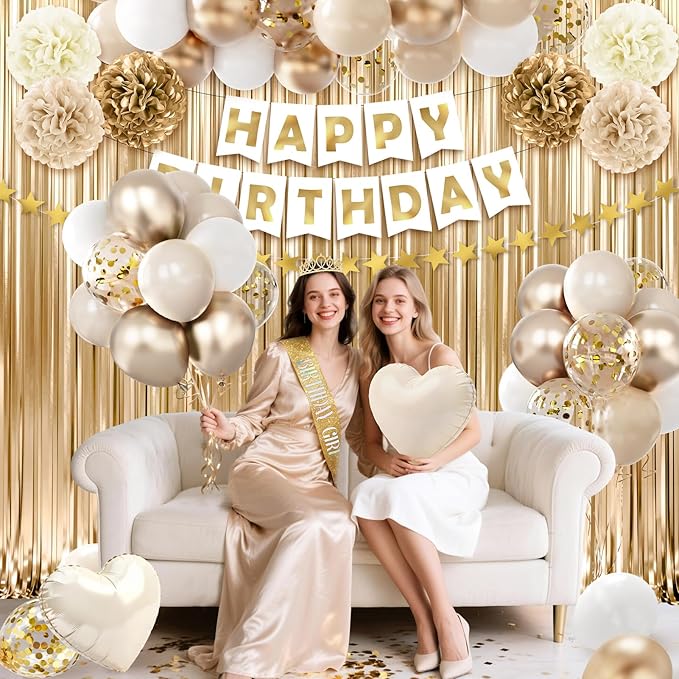 Golden Birthday Party Decorations for Women Girls , 46Pcs Gold Birthday Decorations Include Birthday Girl Sash Crown Fringe Curtain Balloons for Women Girls Party Supplies