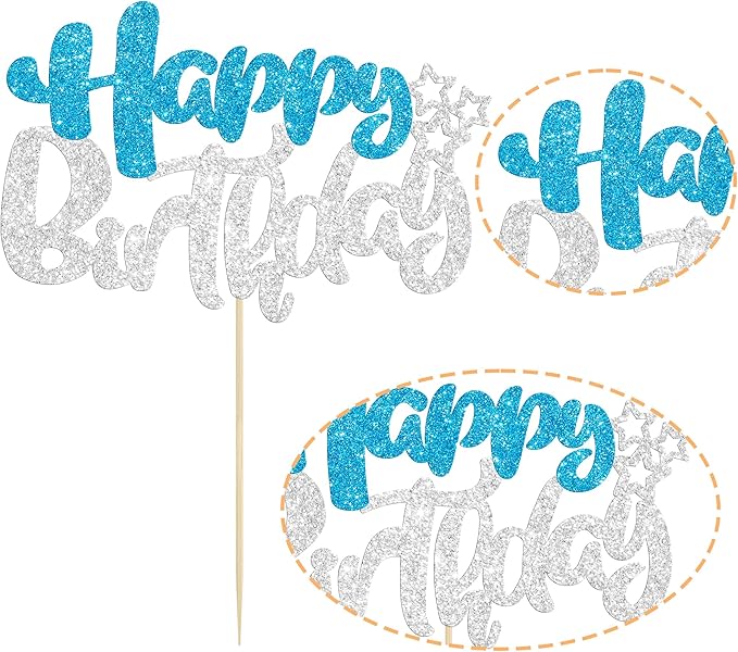 Ephlyn 1Pcs Happy Birthday Cake Topper Glitter Happy Birthday Cake Pick for Winter Wonderland Baby Shower Theme Anniversary Party Decorations Supplies Blue Silver